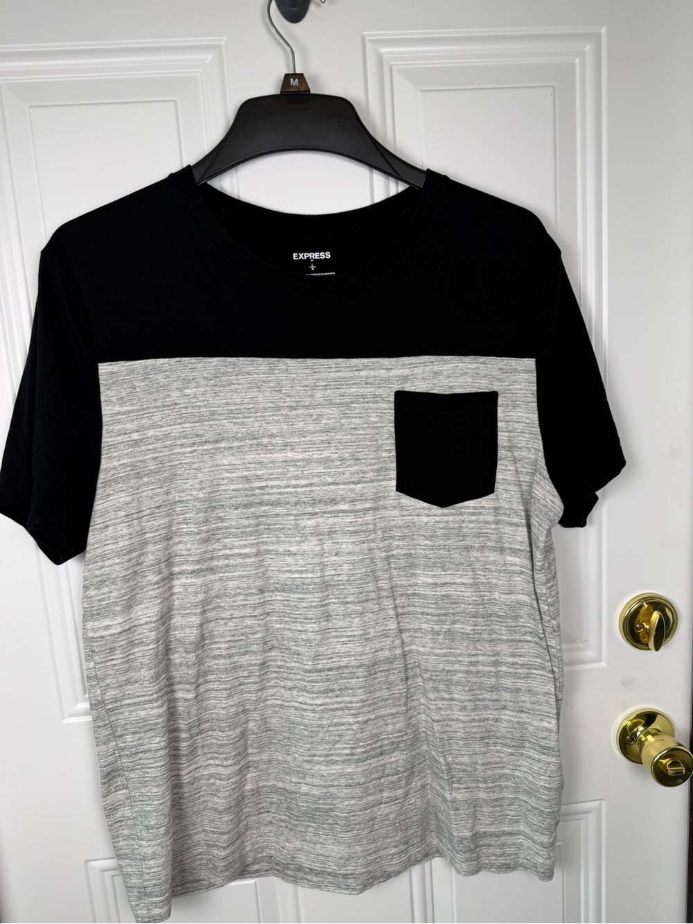 Express Menโs Black and Gray Colorblock Pocket Tee